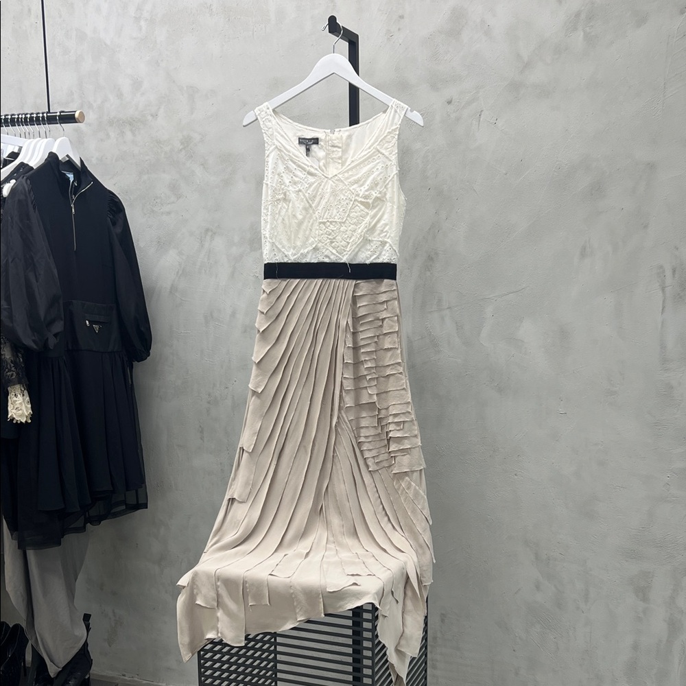 Elegant Cream and Black Pleated Dress